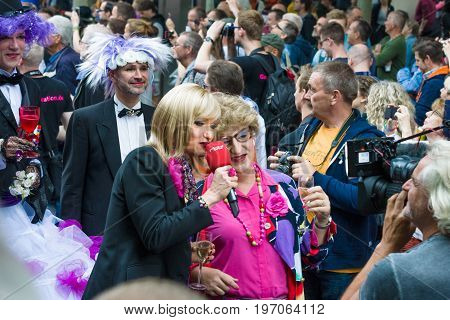 BERLIN GERMANY - JUNE 27 2015: Christopher Street Day (CSD). The annual European LGBT celebration and demonstration held in Berlin for the rights of LGBT people and against discrimination and exclusion.