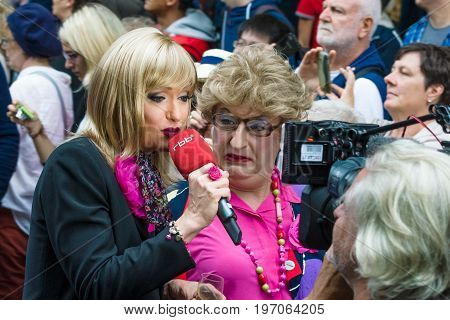 BERLIN GERMANY - JUNE 27 2015: Christopher Street Day (CSD). The annual European LGBT celebration and demonstration held in Berlin for the rights of LGBT people and against discrimination and exclusion.