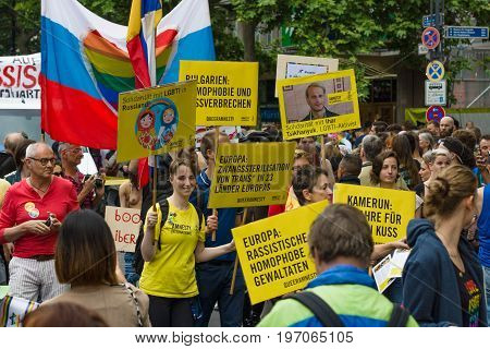 BERLIN GERMANY - JUNE 27 2015: Christopher Street Day (CSD). The annual European LGBT celebration and demonstration held in Berlin for the rights of LGBT people and against discrimination and exclusion.