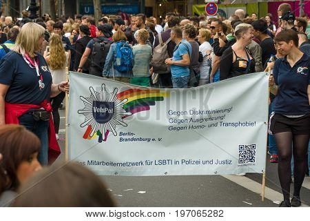 BERLIN GERMANY - JUNE 27 2015: Christopher Street Day (CSD). The annual European LGBT celebration and demonstration held in Berlin for the rights of LGBT people and against discrimination and exclusion.