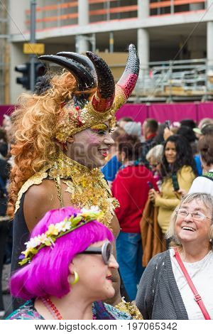 BERLIN GERMANY - JUNE 27 2015: Christopher Street Day (CSD). The annual European LGBT celebration and demonstration held in Berlin for the rights of LGBT people and against discrimination and exclusion.