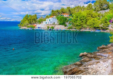 Scenic view at marble hidden bay on Island Solta near Rogac place, Croatia Mediterranean.