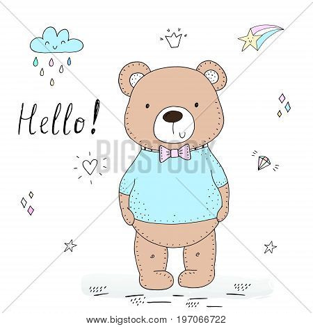 vector card with cute hand drawn bear. vector print.