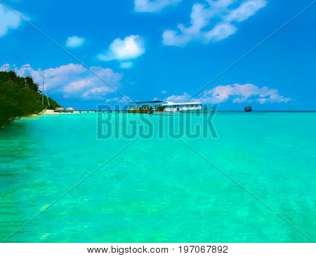 Thw main entrance to Embudu Village Island, Maledives, Indian Ocean