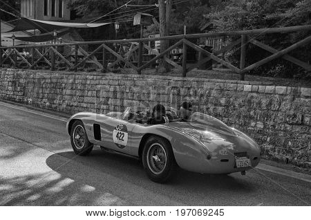 GOLA DEL FURLO, ITALY - MAY 19: FERRARI 500 TR SPIDER SCAGLIETTI 1956 on an old racing car in rally Mille Miglia 2017 the famous italian historical race (1927-1957) on May 19 2017