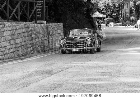 GOLA DEL FURLO, ITALY - MAY 19: MERCEDES-BENZ 190 SL 1956 on an old racing car in rally Mille Miglia 2017 the famous italian historical race (1927-1957) on May 19 2017
