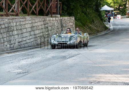 GOLA DEL FURLO, ITALY - MAY 19: LOTUS ELEVEN CLIMAX 1956 on an old racing car in rally Mille Miglia 2017 the famous italian historical race (1927-1957) on May 19 2017