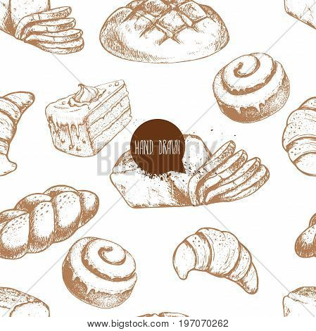Seamless vector pattern with bakery goods. Bread bun iced cinnamon bun sliced italian bread cake and croissant.