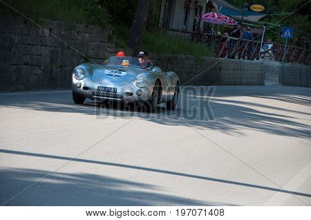 GOLA DEL FURLO, ITALY - MAY 19: PORSCHE 550 SPYDER RS 1955 on an old racing car in rally Mille Miglia 2017 the famous italian historical race (1927-1957) on May 19 2017