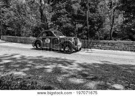 GOLA DEL FURLO, ITALY - MAY 19:FIAT 508 CS MM BERLINETTA 1935 on an old racing car in rally Mille Miglia 2017 the famous italian historical race (1927-1957) on May 19 2017