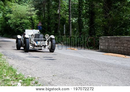GOLA DEL FURLO, ITALY - MAY 19: MERCEDES-BENZ 710 SSK 1928 on an old racing car in rally Mille Miglia 2017 the famous italian historical race (1927-1957) on May 19 2017