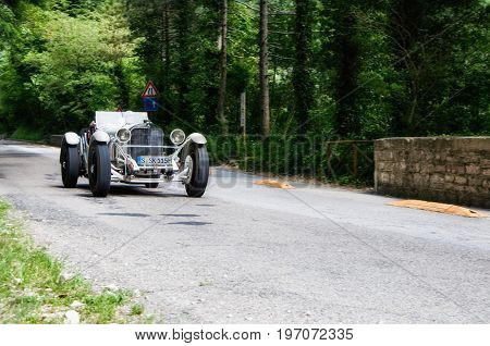 GOLA DEL FURLO, ITALY - MAY 19: MERCEDES-BENZ 710 SSK 1928 on an old racing car in rally Mille Miglia 2017 the famous italian historical race (1927-1957) on May 19 2017