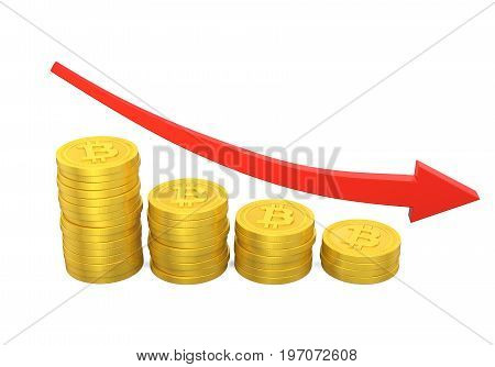 Stack of Bitcoins with Arrow Down isolated on white background. 3D render