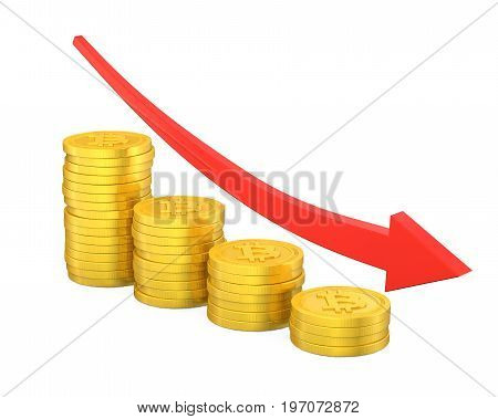 Stack of Bitcoins with Arrow Down isolated on white background. 3D render