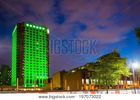 Montreal, Canada - May 27, 2017: Downtown Area With Complexe Desjardins Green Building At Dark Night