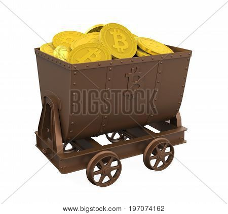 Mining Cart with Golden Bitcoins isolated on white background. 3D render