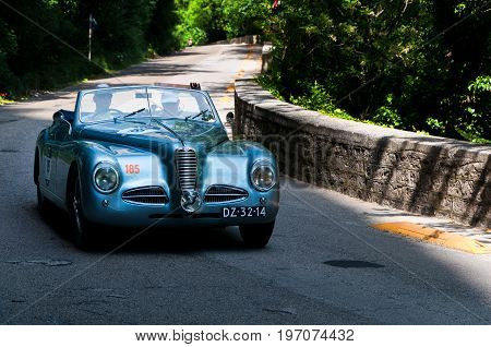 GOLA DEL FURLO, ITALY - MAY 19: ALFA ROMEO 6C 2500 SS 1947 on an old racing car in rally Mille Miglia 2017 the famous italian historical race (1927-1957) on May 19 2017