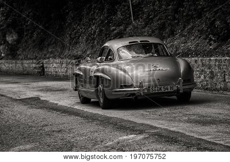 GOLA DEL FURLO, ITALY - MAY 19: MERCEDES-BENZ 300 SL COUPÉ W 198 1955 on an old racing car in rally Mille Miglia 2017 the famous italian historical race (1927-1957) on May 19 2017
