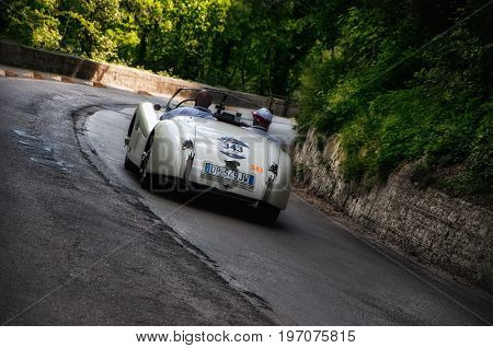 GOLA DEL FURLO, ITALY - MAY 19: JAGUAR XK 120 OTS ROADSTER 1954 on an old racing car in rally Mille Miglia 2017 the famous italian historical race (1927-1957) on May 19 2017