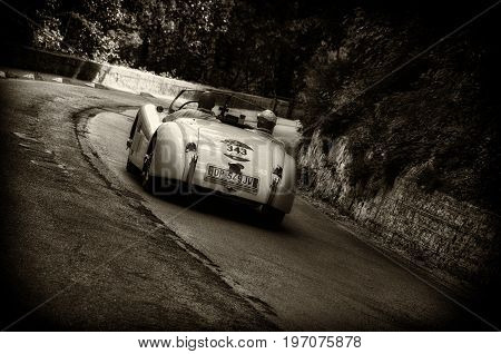 GOLA DEL FURLO, ITALY - MAY 19: JAGUAR XK 120 OTS ROADSTER 1954 on an old racing car in rally Mille Miglia 2017 the famous italian historical race (1927-1957) on May 19 2017