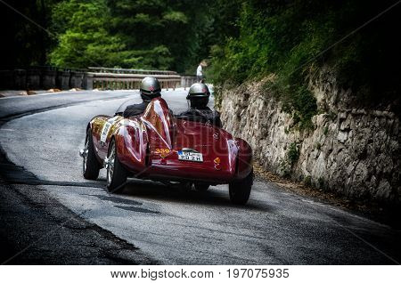 GOLA DEL FURLO, ITALY - MAY 19: BIANCHI PANHARD ITALFRANCE 750 S COLLI 1954 on an old racing car in rally Mille Miglia 2017 the famous italian historical race (1927-1957) on May 19 2017