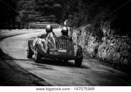 GOLA DEL FURLO, ITALY - MAY 19: BIANCHI PANHARD ITALFRANCE 750 S COLLI 1954 on an old racing car in rally Mille Miglia 2017 the famous italian historical race (1927-1957) on May 19 2017