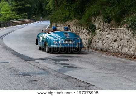 GOLA DEL FURLO, ITALY - MAY 19: PORSCHE 356 1500 SPEEDSTER 1954 on an old racing car in rally Mille Miglia 2017 the famous italian historical race (1927-1957) on May 19 2017