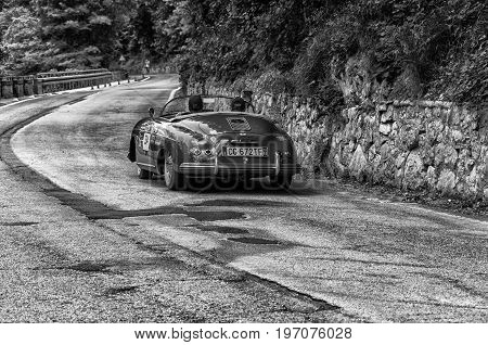 GOLA DEL FURLO, ITALY - MAY 19: PORSCHE 356 1500 SPEEDSTER 1954 on an old racing car in rally Mille Miglia 2017 the famous italian historical race (1927-1957) on May 19 2017