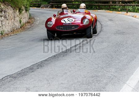 GOLA DEL FURLO, ITALY - MAY 19: FERRARI 750 MONZA SPIDER SCAGLIETTI 1954 on an old racing car in rally Mille Miglia 2017 the famous italian historical race (1927-1957) on May 19 2017
