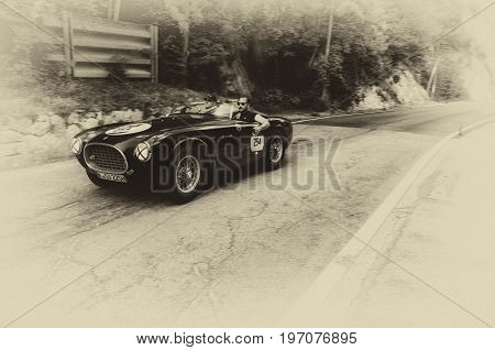 GOLA DEL FURLO, ITALY - MAY 19: FERRARI 225 S SPIDER VIGNALE 1952 on an old racing car in rally Mille Miglia 2017 the famous italian historical race (1927-1957) on May 19 2017