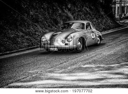 GOLA DEL FURLO, ITALY - MAY 19: PORSCHE 356 A 1500 GS CARRERA 1956 on an old racing car in rally Mille Miglia 2017 the famous italian historical race (1927-1957) on May 19 2017