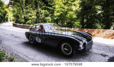 GOLA DEL FURLO, ITALY - MAY 19: FERRARI 340 AMERICA BER. VIGNALE 1951 on an old racing car in rally Mille Miglia 2017 the famous italian historical race (1927-1957) on May 19 2017