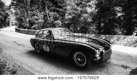 GOLA DEL FURLO, ITALY - MAY 19: FERRARI 340 AMERICA BER. VIGNALE 1951 on an old racing car in rally Mille Miglia 2017 the famous italian historical race (1927-1957) on May 19 2017
