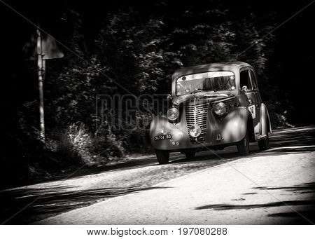 GOLA DEL FURLO, ITALY - MAY 19: FIAT 1100 E 1952 on an old racing car in rally Mille Miglia 2017 the famous italian historical race (1927-1957) on May 19 2017