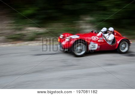 GOLA DEL FURLO, ITALY - MAY 19, 2017: GIAUR TARASCHI 750 SPORT 1951 on an old racing car in rally Mille Miglia 2017 the famous italian historical race (1927-1957)