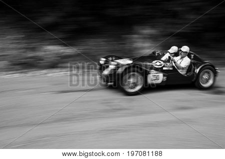 GOLA DEL FURLO, ITALY - MAY 19, 2017: GIAUR TARASCHI 750 SPORT 1951 on an old racing car in rally Mille Miglia 2017 the famous italian historical race (1927-1957)