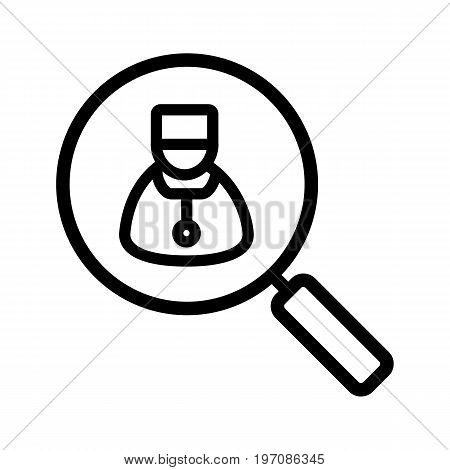 Doctor search linear icon. Thick line illustration. Magnifying glass with therapist contour symbol. Vector isolated outline drawing
