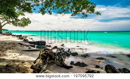 View on paradise beach of Playa blanca by Baru in Colombia