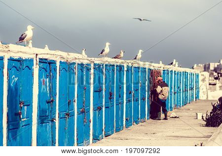 View on fishermen cabins at the port of Essauira