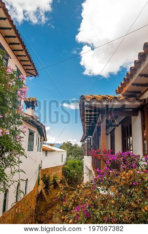 View on Colonial building of Villa de Leyva in Colombia