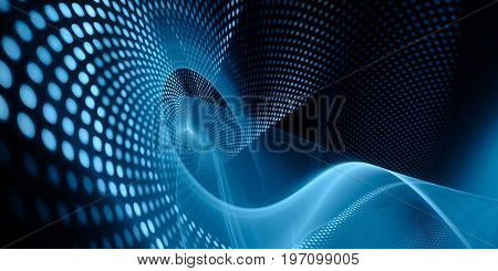 Abstract background element. Fractal graphics series. Three-dimensional composition of glowing lines and mosaic halftone effects. Wide format high resolution image. Blue and black colors.