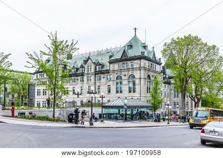 Quebec City, Canada - May 29, 2017: Old Town Street With Hotel De Ville City Hall Road And Many Peop