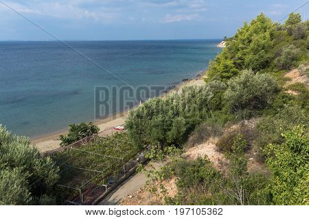 Panoramic view of Gea Beach at Sithonia peninsula, Chalkidiki, Central Macedonia, Greece