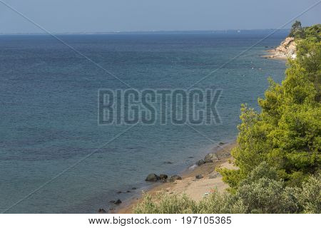 Panoramic view of Gea Beach at Sithonia peninsula, Chalkidiki, Central Macedonia, Greece
