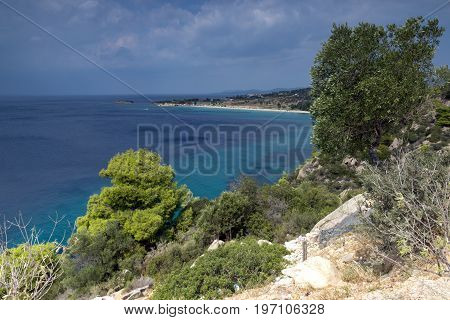 Panoramic view of Agios Ioannis Beach at Sithonia peninsula, Chalkidiki, Central Macedonia, Greece