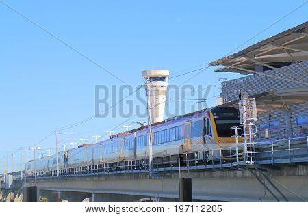 BRISBANE AUSTRALIA - JULY 8, 2017: Train to Brisbane downtown at Brisbane airport train station Australia.