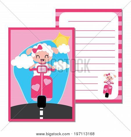 Cute paper note with cute sheep girl on motorcycle vector cartoon illustration for kid paper, scrap book and postcard design