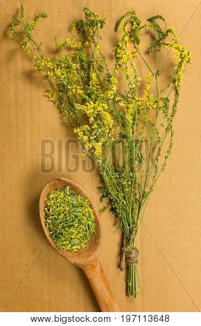 Melilot. Dried herbs for use in alternative medicine spa herbal cosmetics herbal medicine preparing infusions decoctions tinctures powders ointments butter tea bath.