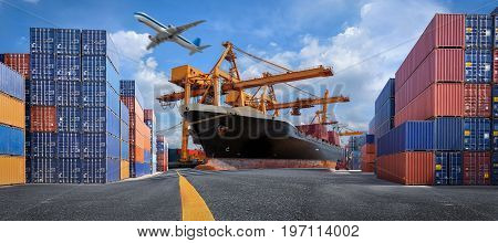 Industrial Container Cargo freight ship at habor for Logistic Import Export business.