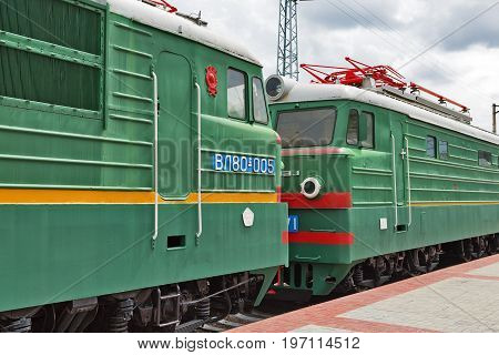 Novosibirsk Museum of railway equipment in Novosibirsk Siberia Russia - July 7 2017: two-section mainline Freight electric locomotive VL80 ( Vladimir Lenin ). Built by the Novocherkassk electric locomotive plant in 1980
